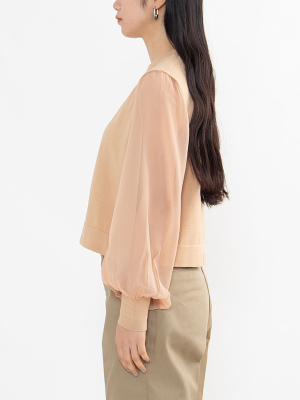 CREW NECK CROPPED SWEATER WITH SHEER SLEEVES-クルーネッククロップ