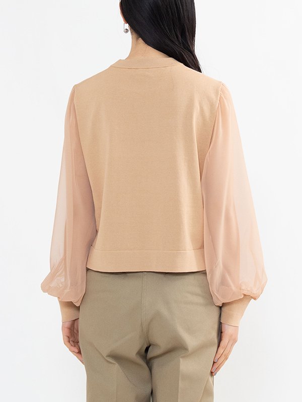 CREW NECK CROPPED SWEATER WITH SHEER SLEEVES-クルーネッククロップ
