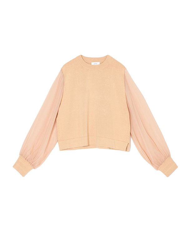 CREW NECK CROPPED SWEATER WITH SHEER SLEEVES-クルーネッククロップ