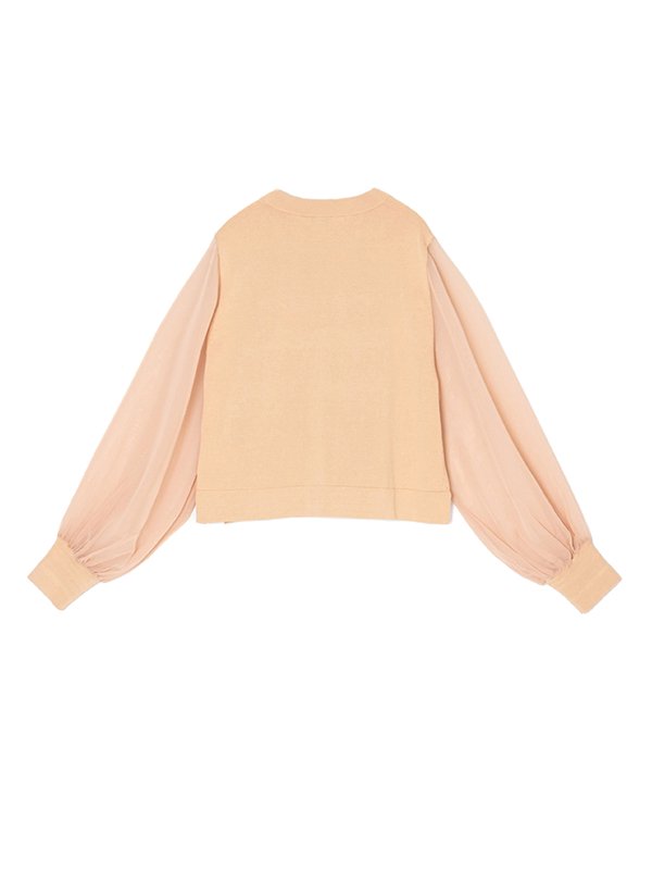CREW NECK CROPPED SWEATER WITH SHEER SLEEVES-クルーネッククロップ