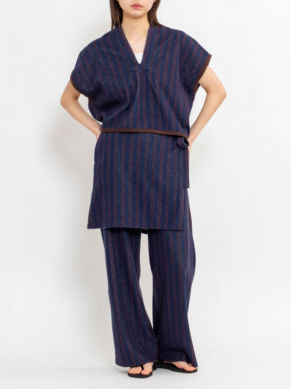 Cotton inray stripe pants with apron-コットンインレイ