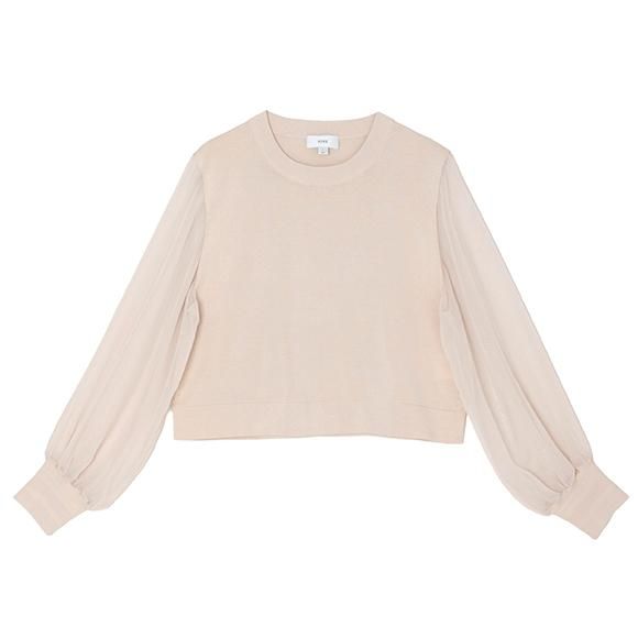 CREW NECK CROPPED SWEATER WITH SHEER SLEEVE-クルーネッククロップ