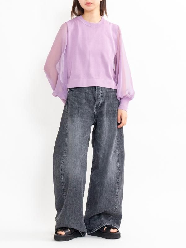 CREW NECK CROPPED SWEATER WITH SHEER SLEEVE-クルーネック