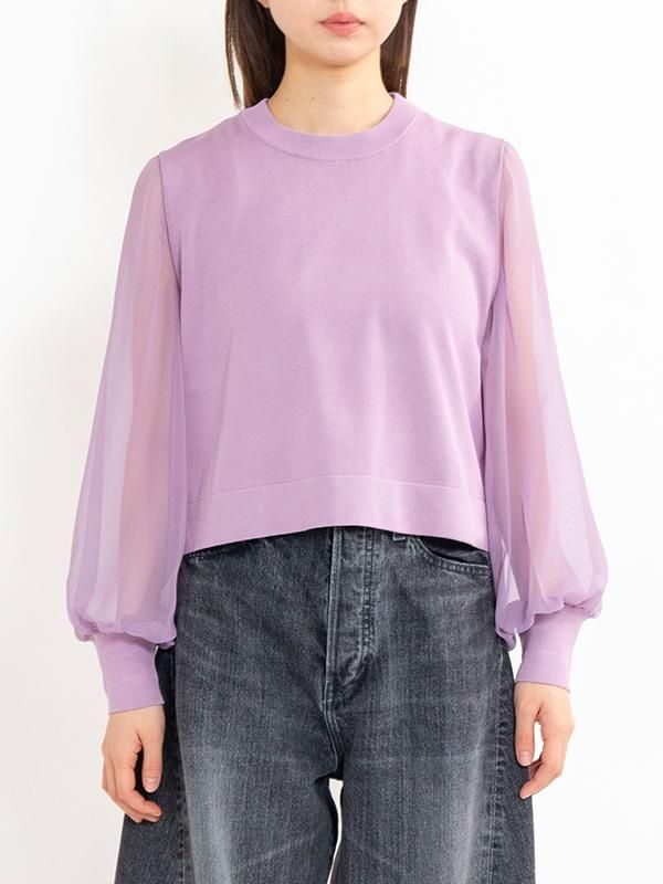 CREW NECK CROPPED SWEATER WITH SHEER SLEEVE-クルーネック
