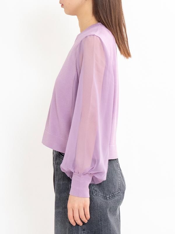 CREW NECK CROPPED SWEATER WITH SHEER SLEEVE-クルーネック