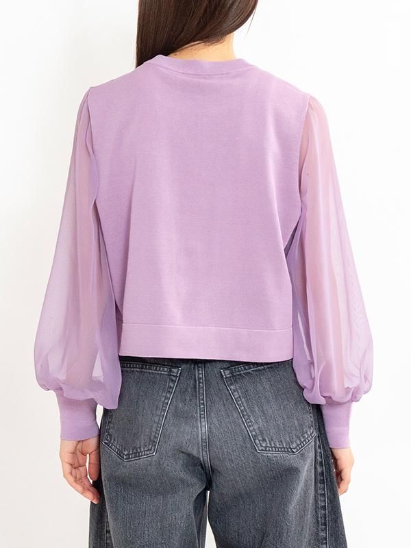 CREW NECK CROPPED SWEATER WITH SHEER SLEEVE-クルーネック