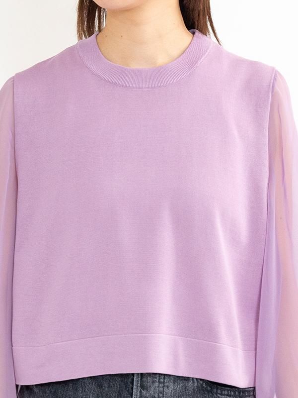 CREW NECK CROPPED SWEATER WITH SHEER SLEEVE-クルーネック