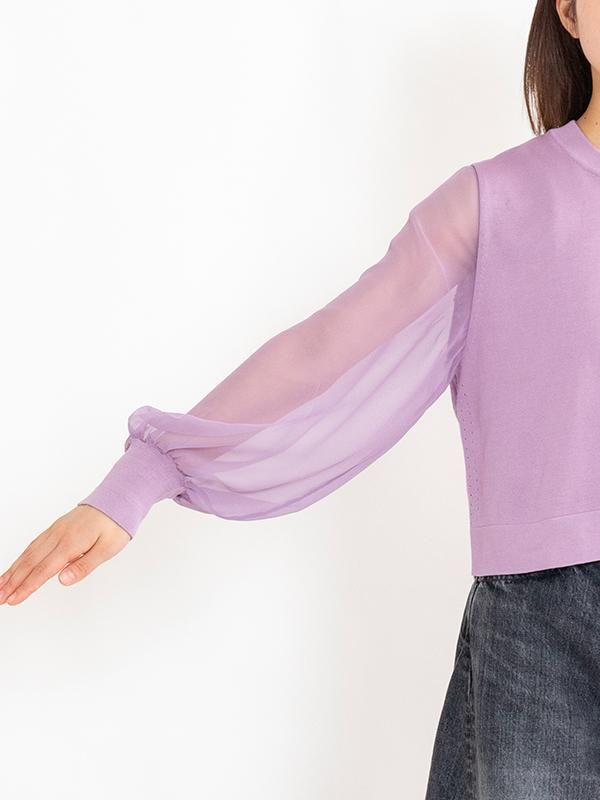 CREW NECK CROPPED SWEATER WITH SHEER SLEEVE-クルーネック