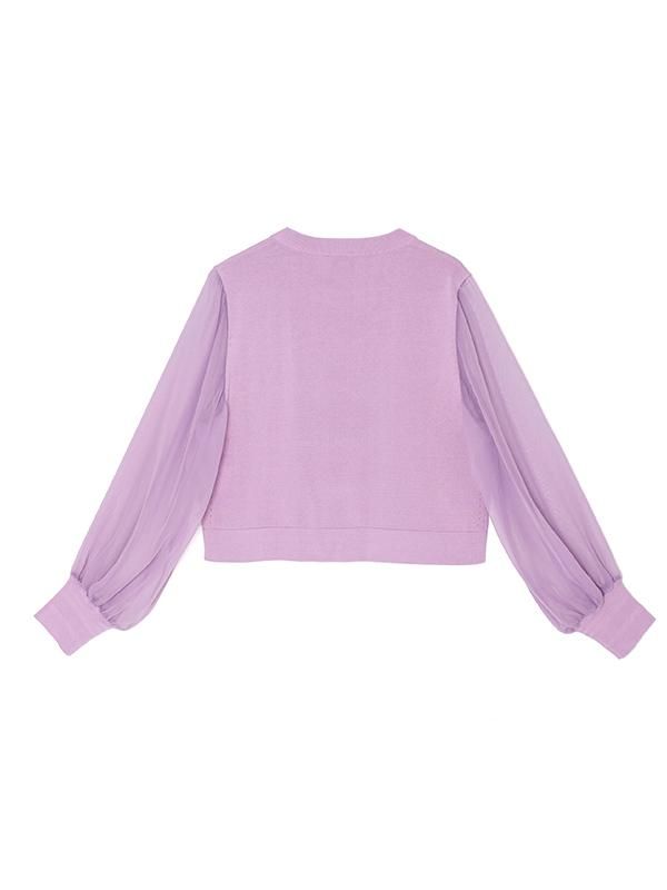 CREW NECK CROPPED SWEATER WITH SHEER SLEEVE-クルーネック CREW NECK CROPPED SWEATER WITH SHEER SLEEVE-クルーネック