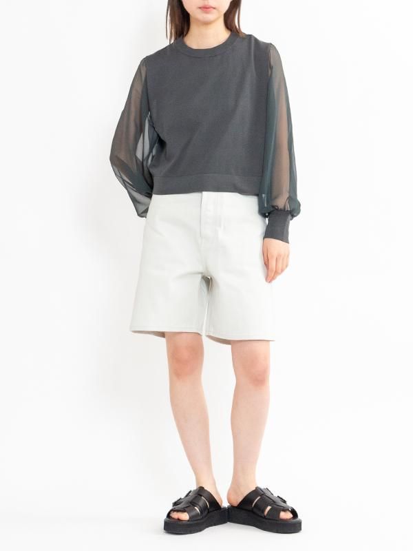 CREW NECK CROPPED SWEATER WITH SHEER SLEEVE-クルーネック
