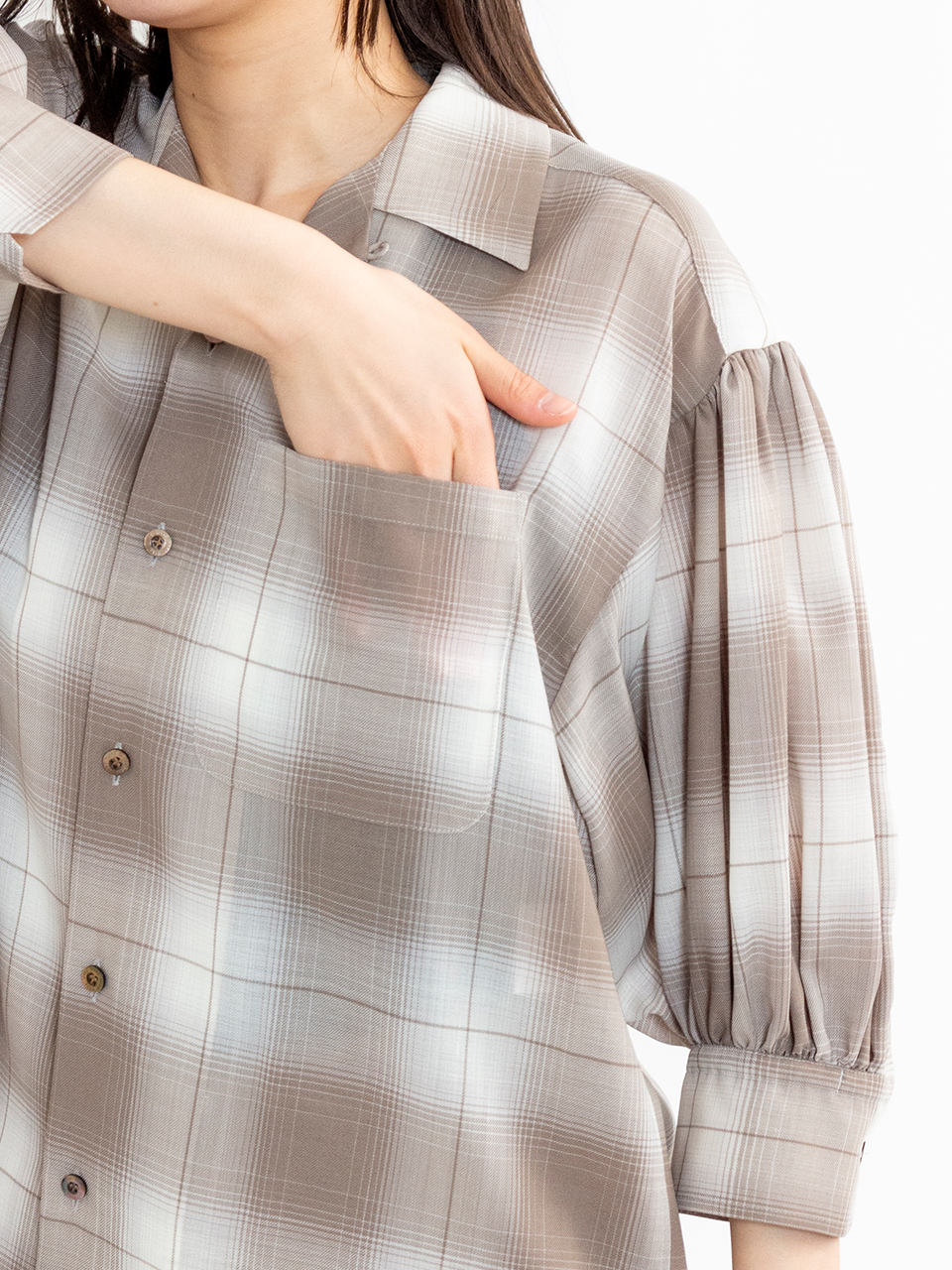 T/W OMBRE CHECK BALLOON SLEEVE BLOUSE-オンブレチェック T/W OMBRE CHECK BALLOON SLEEVE BLOUSE-オンブレチェック