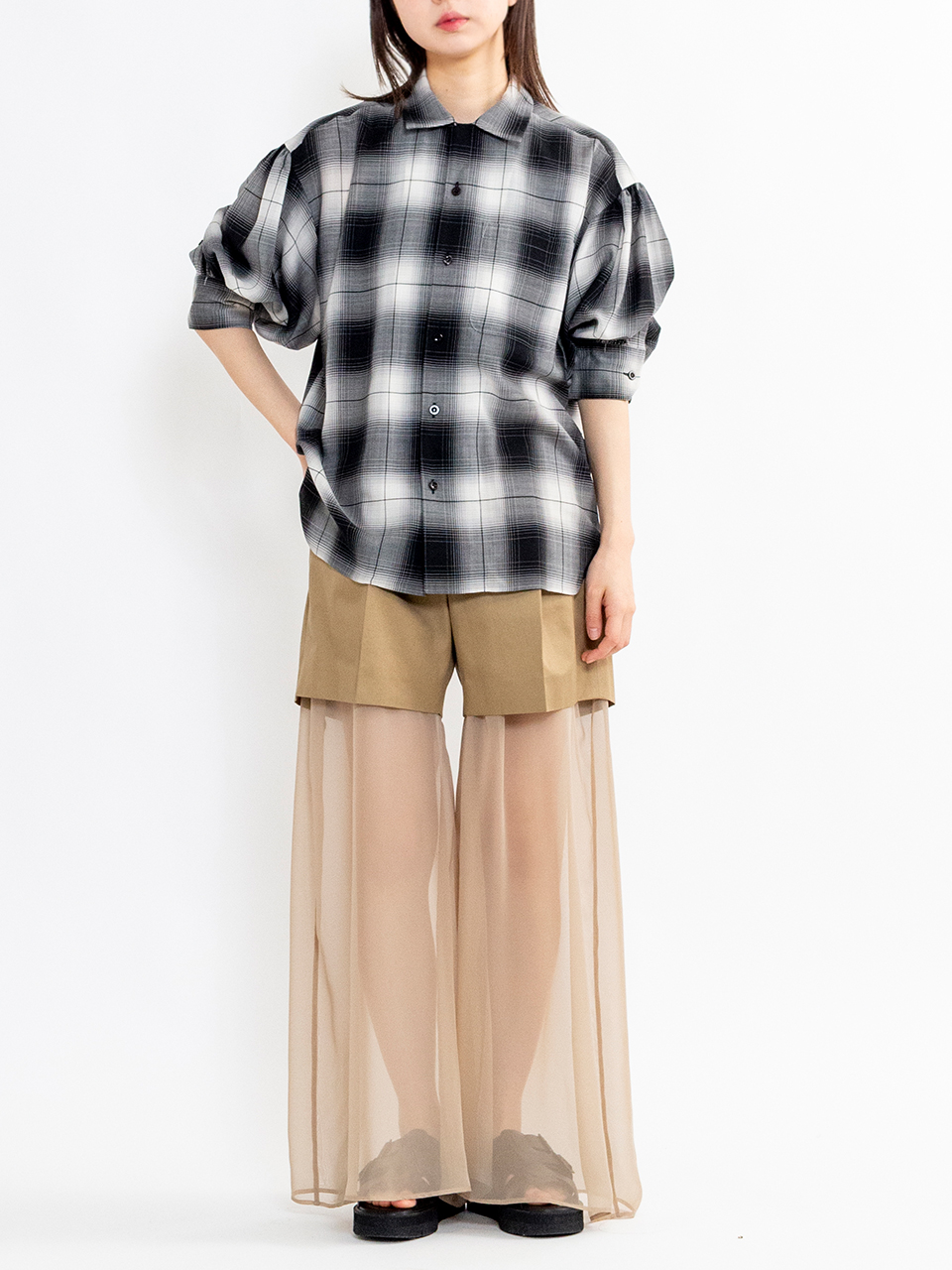 T/W OMBRE CHECK BALLOON SLEEVE BLOUSE-オンブレチェック