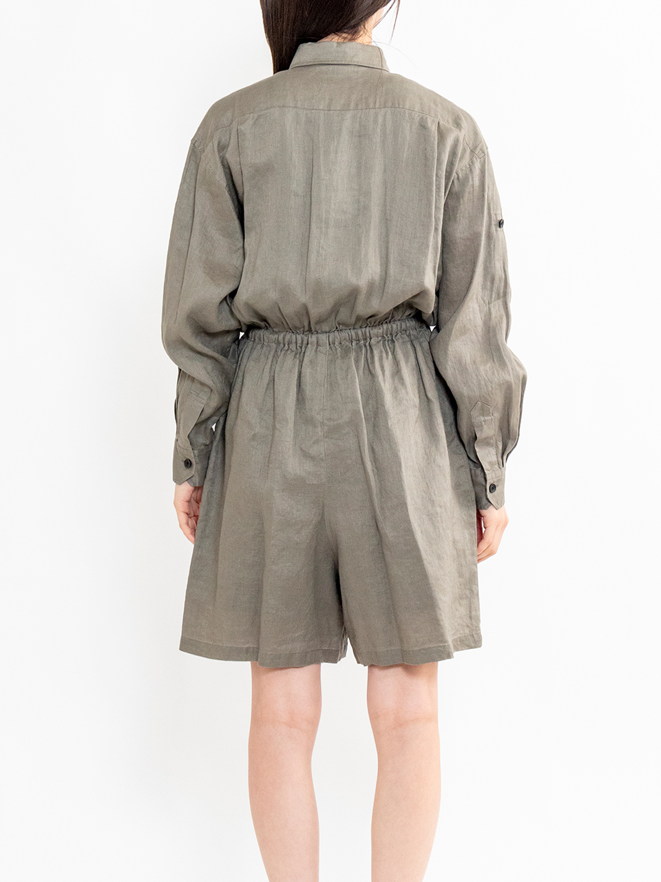 新品　HYKEハイク　LINEN JUMPSUIT グレー1 LINEN JUMPSUIT (SHORT SLEEVE)-リネンジャンプスーツ（ショート