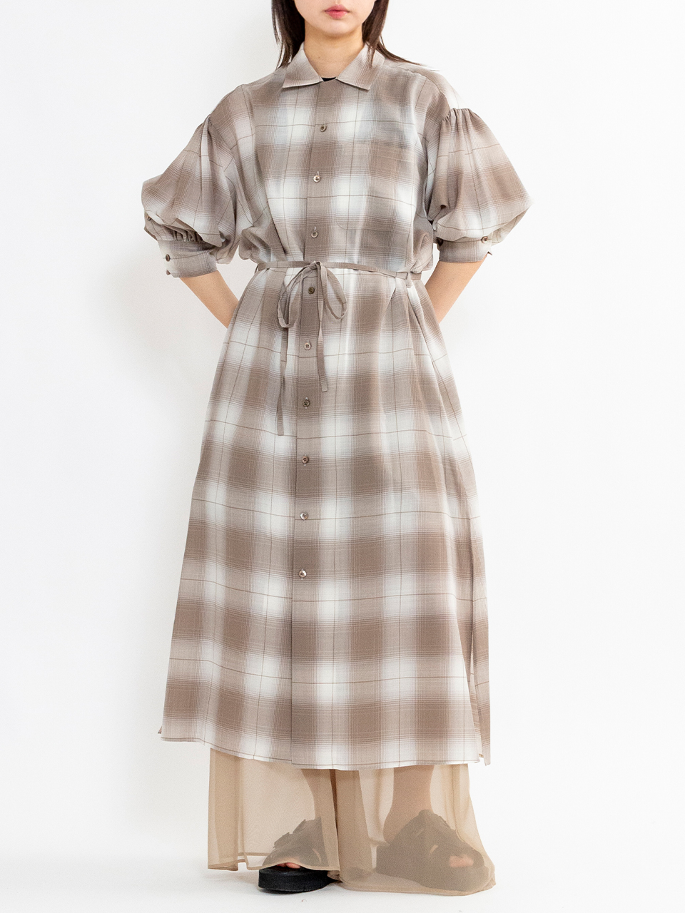 ■HYKE■大人気 T/W オンブルチェックバルーンスリーブドレス T/W OMBRE CHECK BALLOON SLEEVE DRESS-オンブレチェック