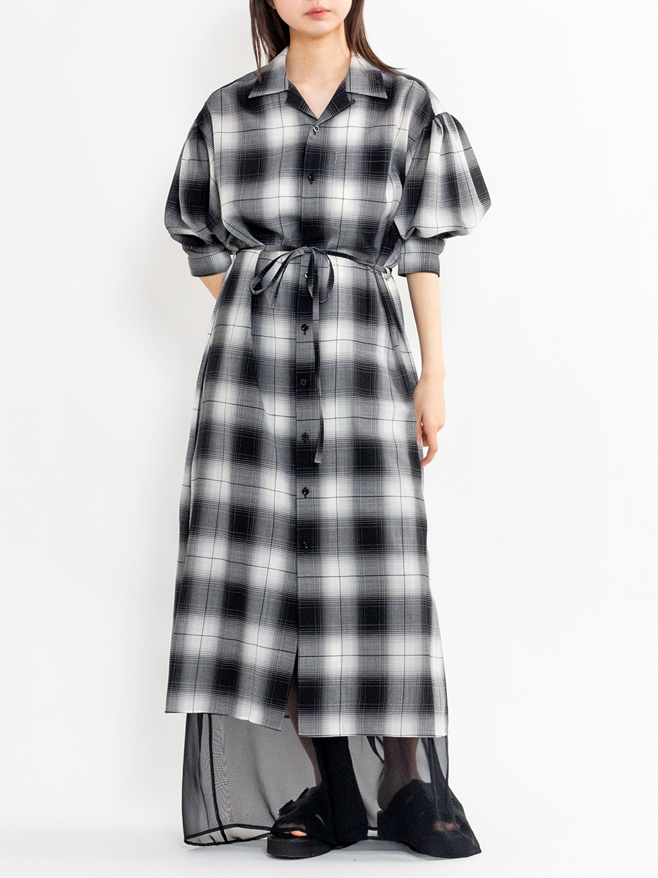 T/W OMBRE CHECK BALLOON SLEEVE DRESS-オンブレチェック T/W OMBRE CHECK BALLOON SLEEVE DRESS-オンブレチェック