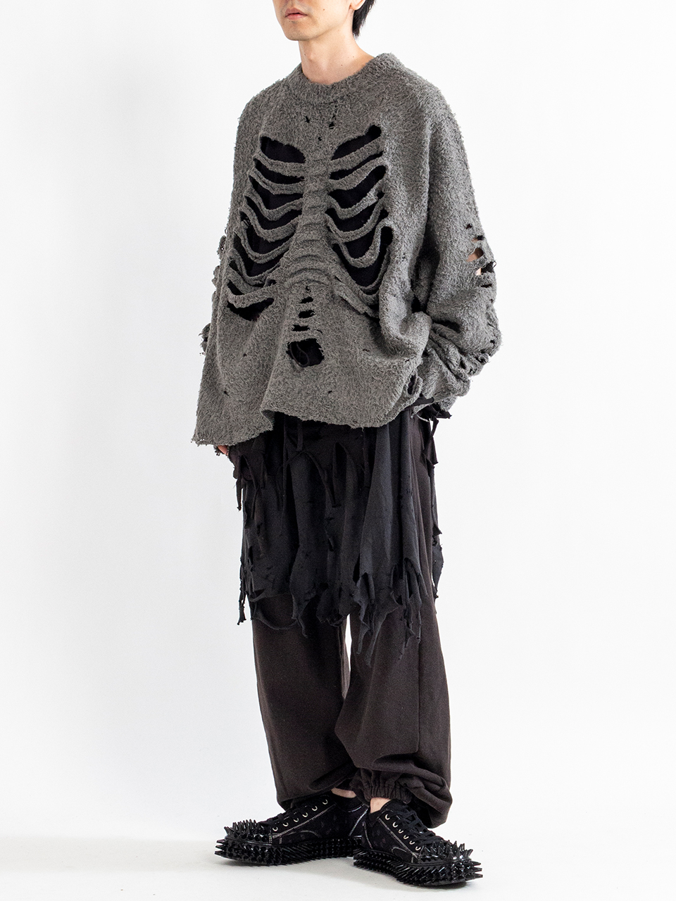 doublet ダブレット HAND-KNITTING リブニット フェイス ダブレット doublet Ribcage Knit Pullover （Grey） -FASCINATE