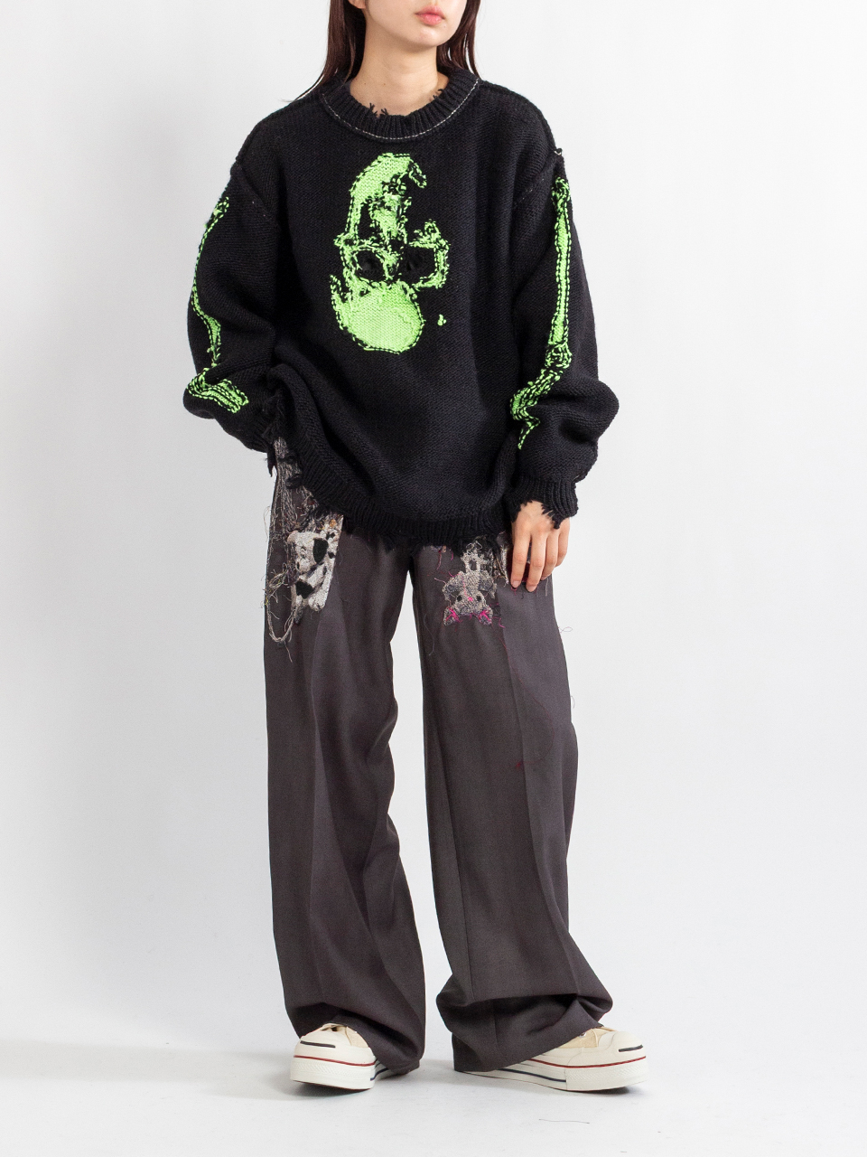 GLOW-IN-TEE-DARK SKULL KNIT PULLOVER-グローインティーダーク