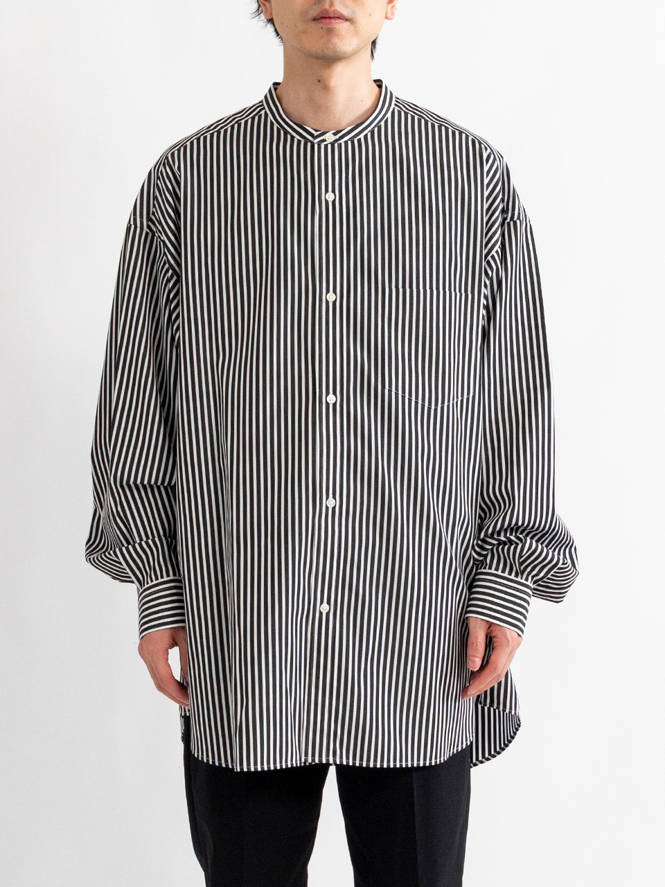 High Count Band Collar Round Cut Oversized Shirt-ハイカウント