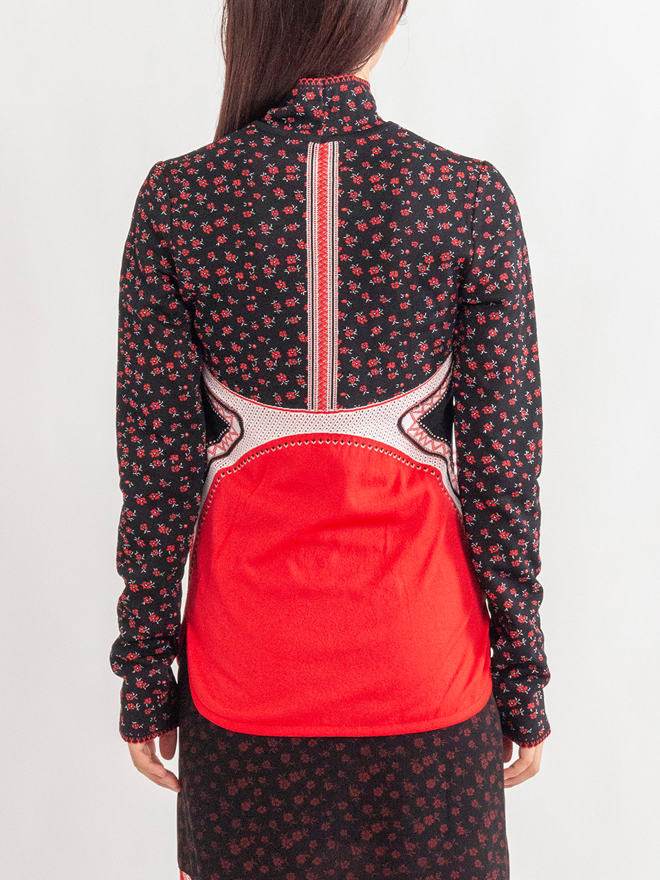Floral Jacquard High Neck Knitted Top-フローラルジャカード