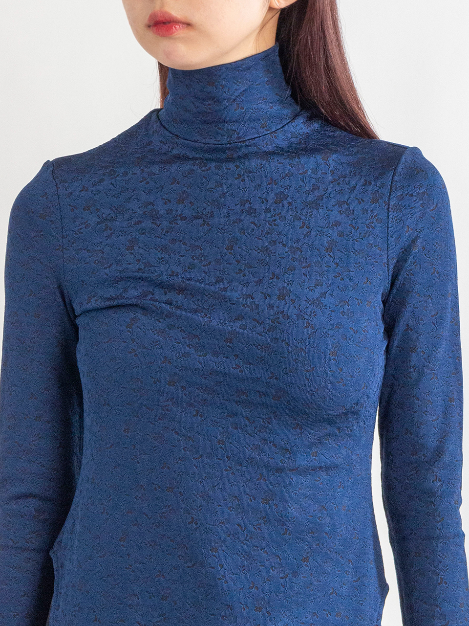 Floral Jacquard Fraise Stitch High Neck Top-フローラルジャ