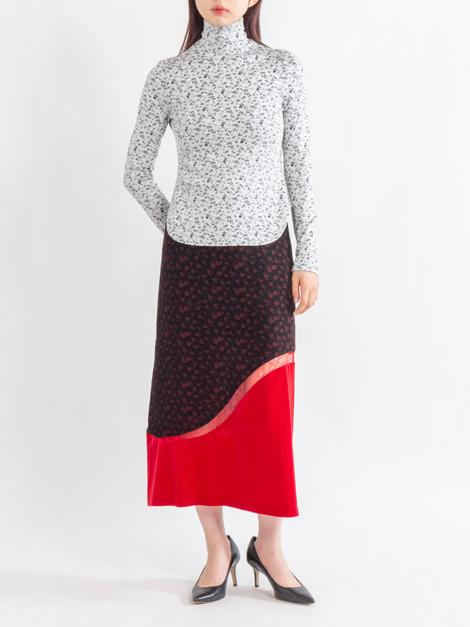 Floral Jacquard Fraise Stitch High Neck Top-フローラルジャ
