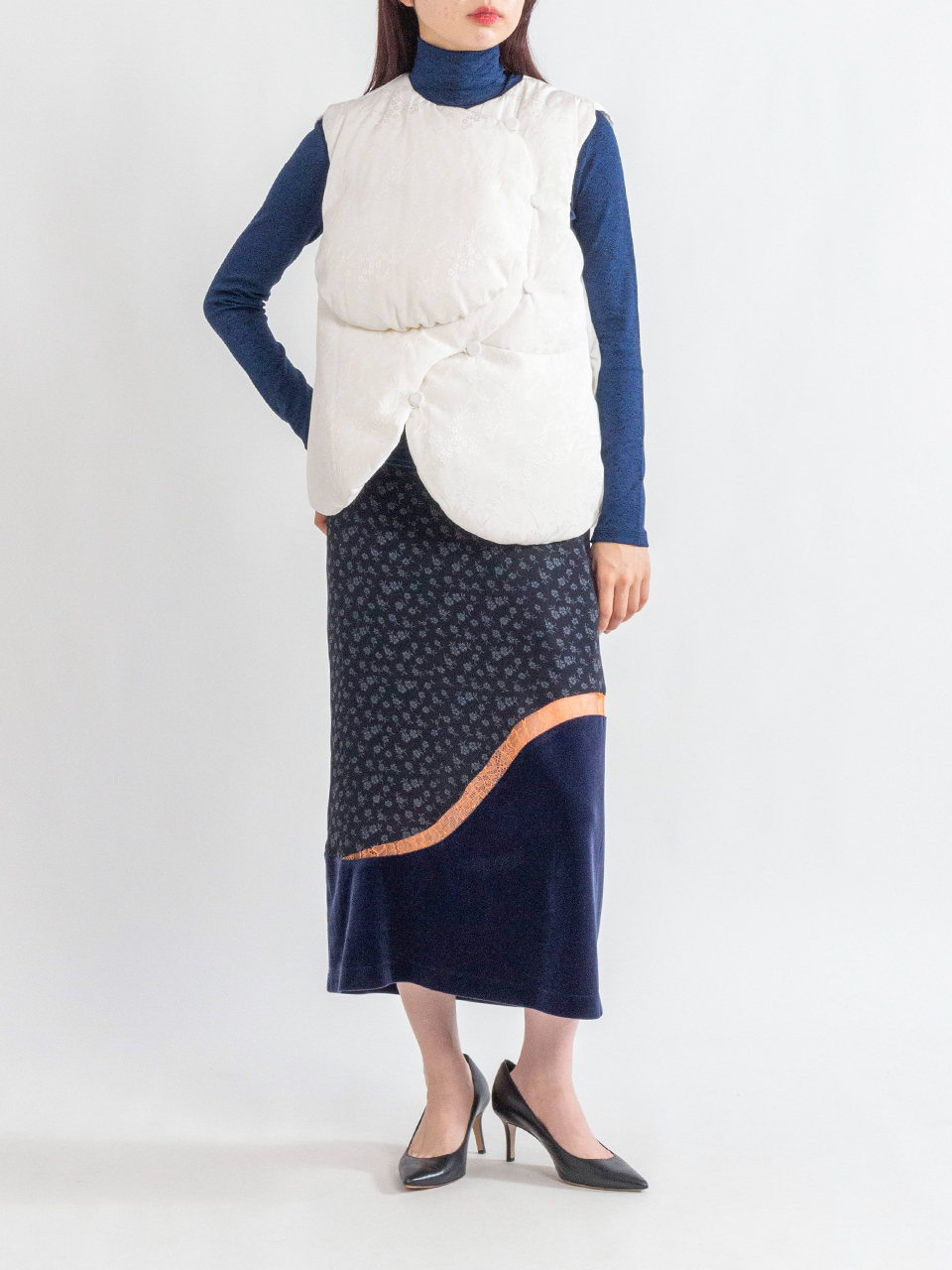 Floral Jaquard Rounded Down Vest-フローラルジャカード