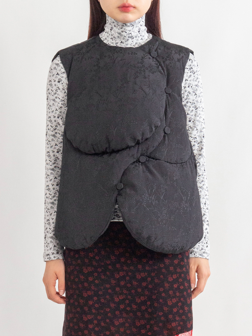 Floral Jaquard Rounded Down Vest-フローラルジャカード