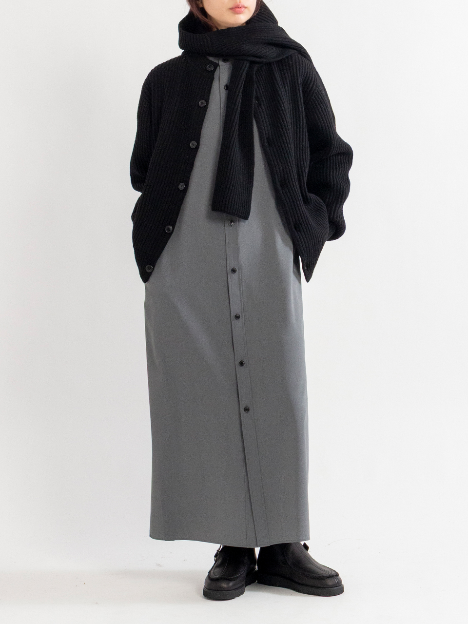【美品】HYKEハイク ウール モノトーンミックスヤーンロングニットカーディガン RIBBED KNIT WOOL CARDIGAN-リブニットウールカーディガン-HYKE