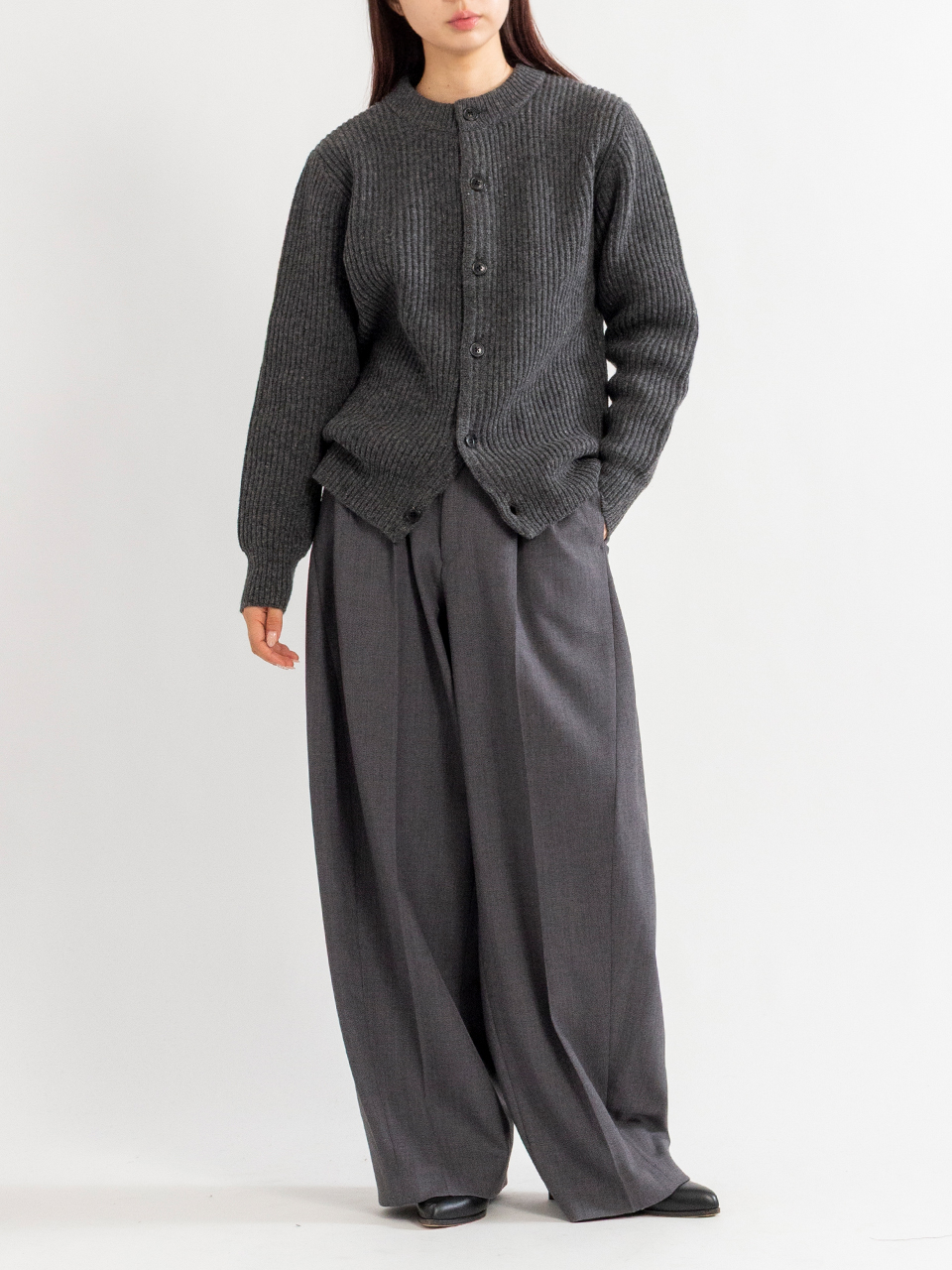 【美品】HYKEハイク ウール モノトーンミックスヤーンロングニットカーディガン RIBBED KNIT WOOL CARDIGAN-リブニットウールカーディガン-HYKE