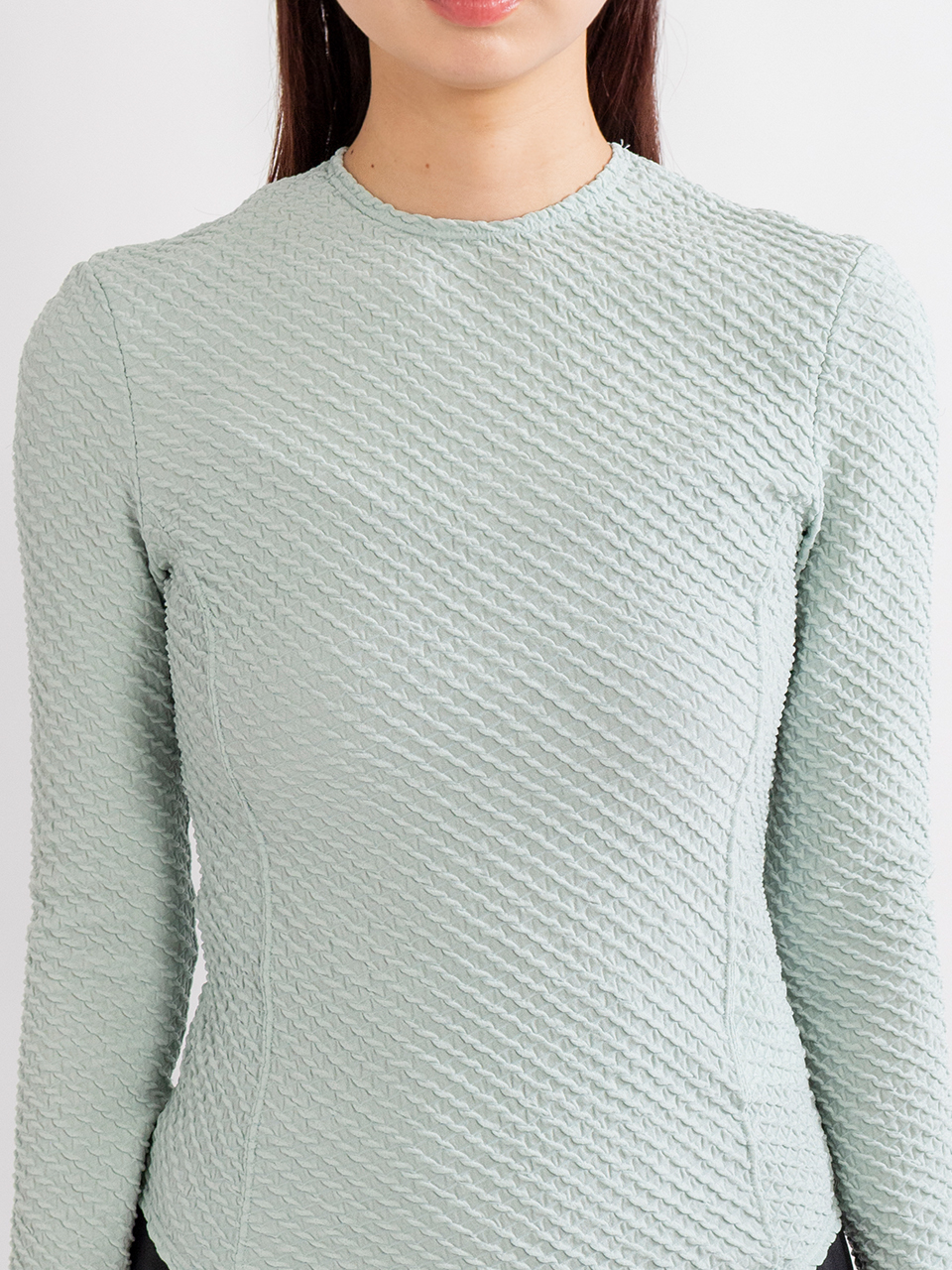 Shirring Jersey Jacquard Long Sleeve Top-シャーリング