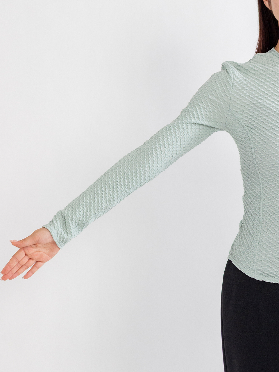 Shirring Jersey Jacquard Long Sleeve Top-シャーリング