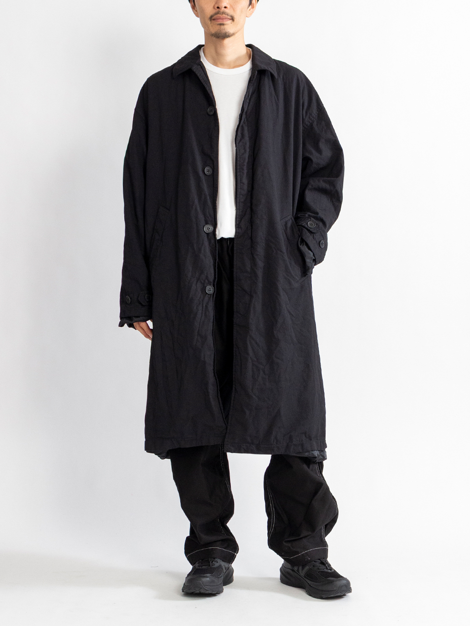 コムデギャルソンオムプリュスエバーグリーン　ステンカラーコート　白ステッチ　黒 COMME des GARCONS HOMME PLUS EVER GREEN(コムデギャルソン