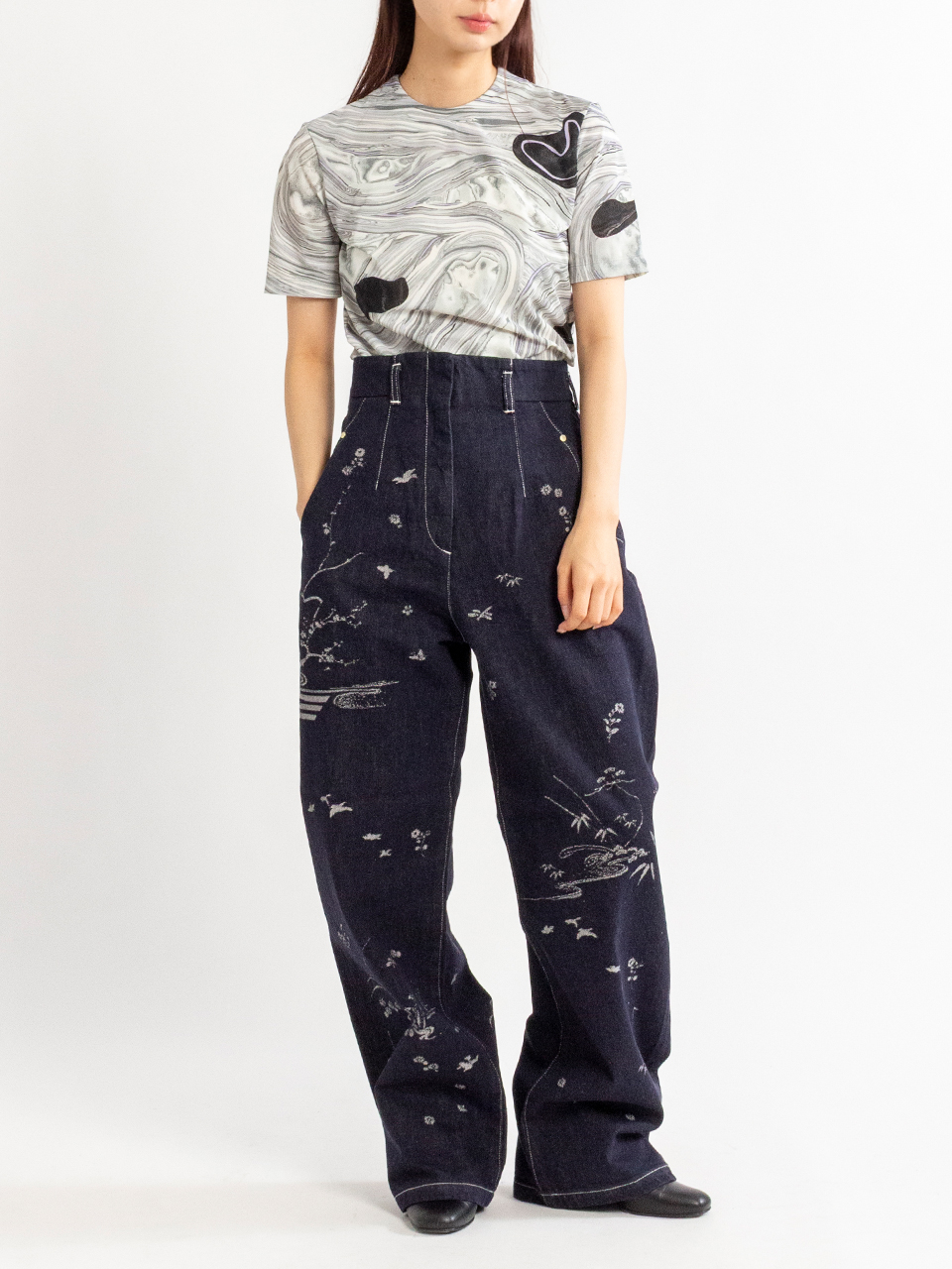 Nature Pattern Jacquard Wide Leg Jeans-ネイチャーパターン