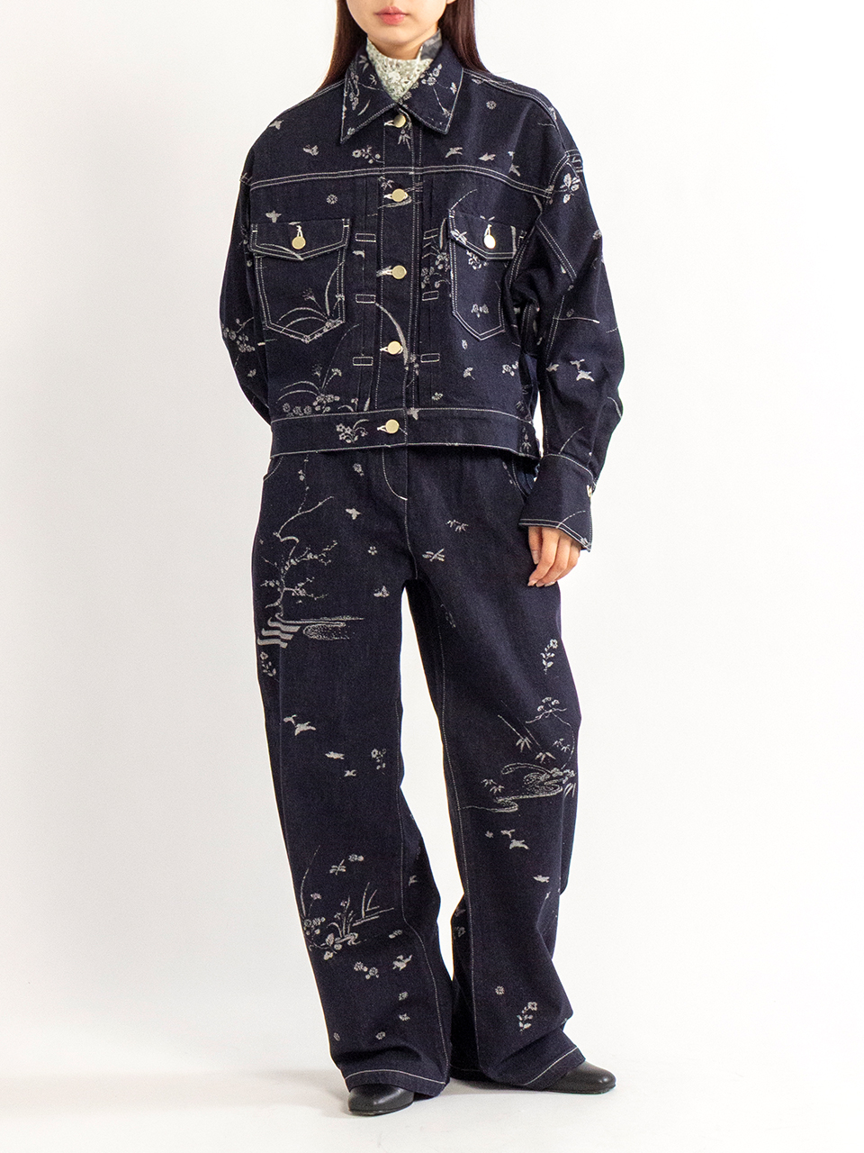 Nature Pattern Jacquard Wide Leg Jeans-ネイチャーパターン