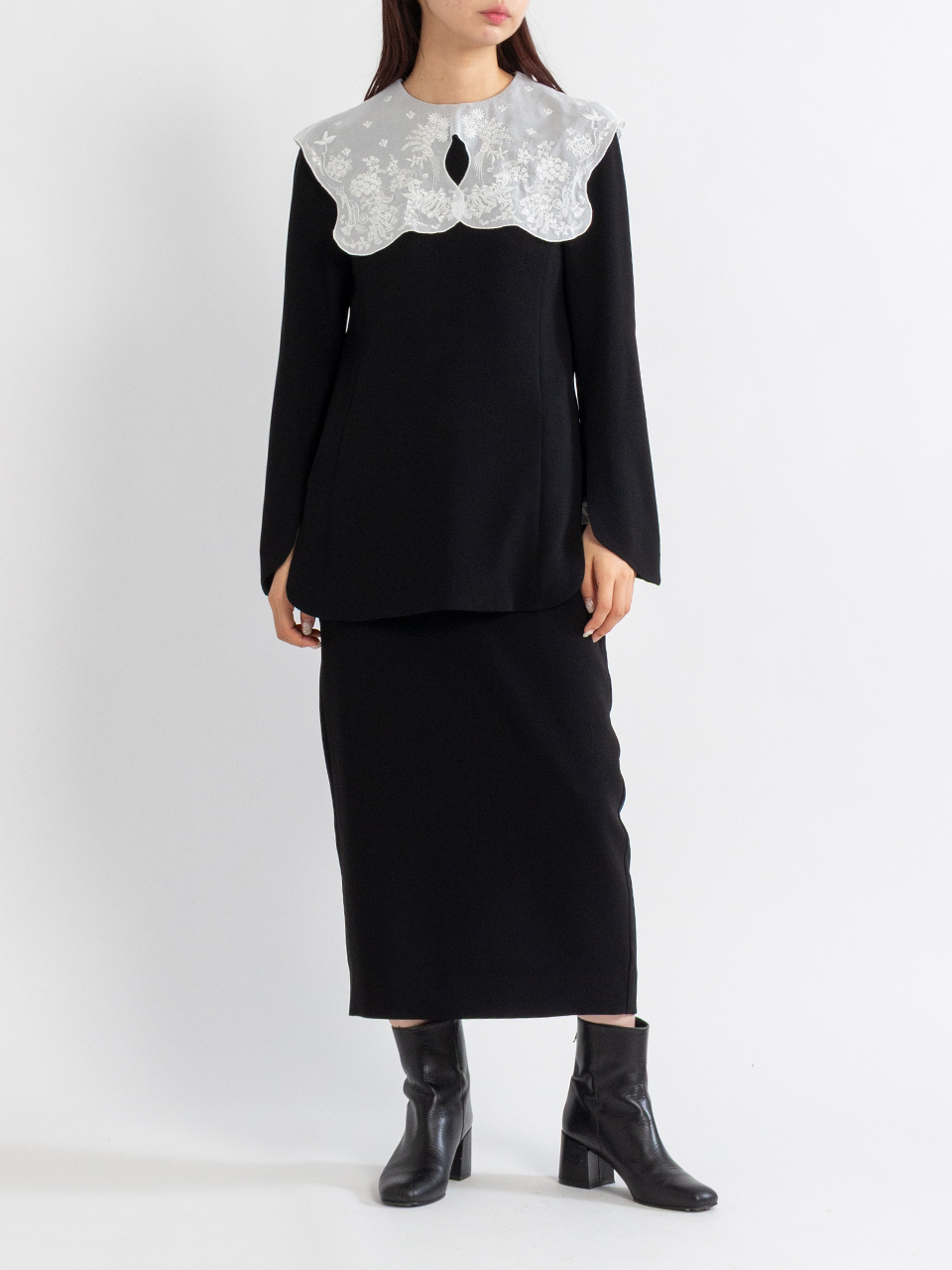 Triacetate Georgette Embroidery Collar Top-トリアセテートジオ