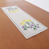 水色リネンの刺繍 テーブルランナー/50×20/北欧ヴィンテージ刺繍