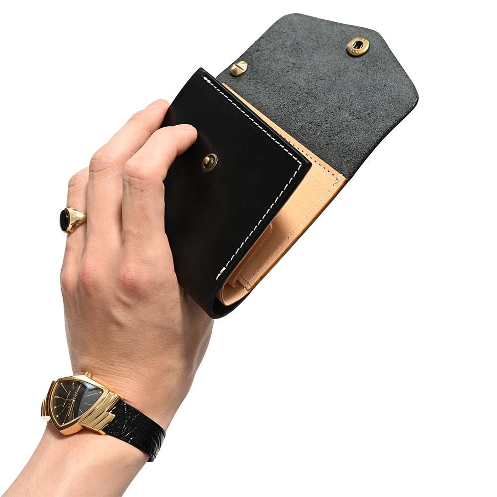 Cowhide Leather Short Tracker Wallet -Black / Beige- ｜牛革