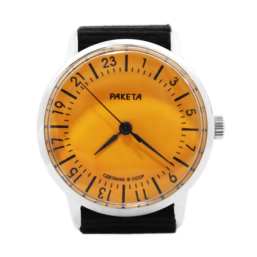 New Old Stock】RAKETA Russian Wrist Watch Orange Dial 24 Hours