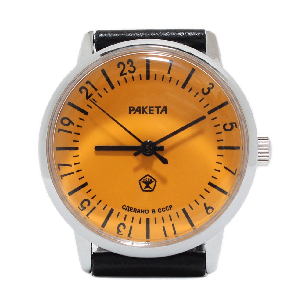 New Old StockRAKETA Russian Wrist Watch 24 Hours Movement -Orange-