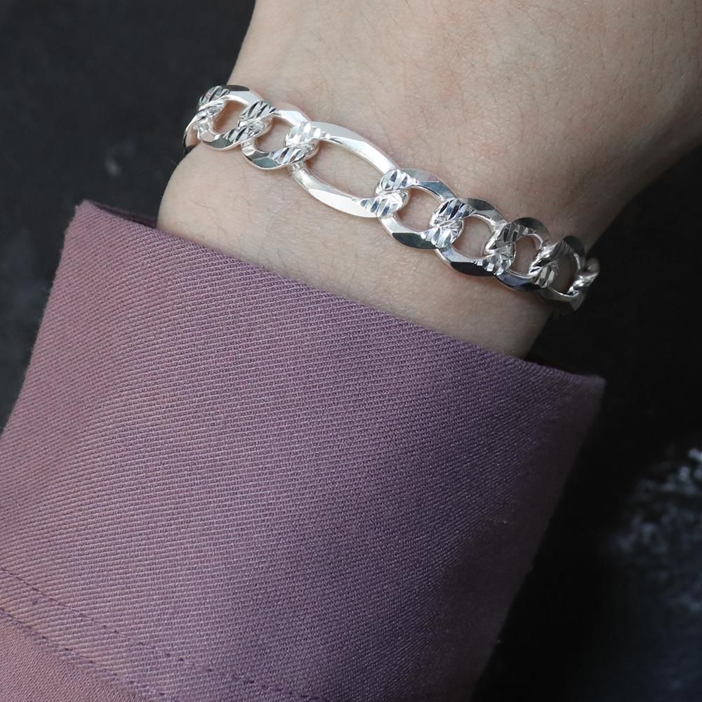 Italy 925 Silver Diamond Cut Figaro Chain Bracelet -10mm wide