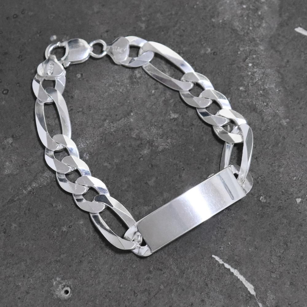 Italy 925 Silver Heavy Figaro Chain ID Bracelet -13mm wide