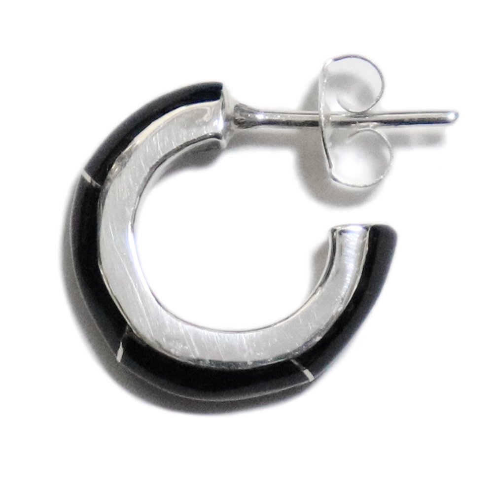 Taxco Mexican 925 Silver Black Onyx Hoop Earring -1 Pair-