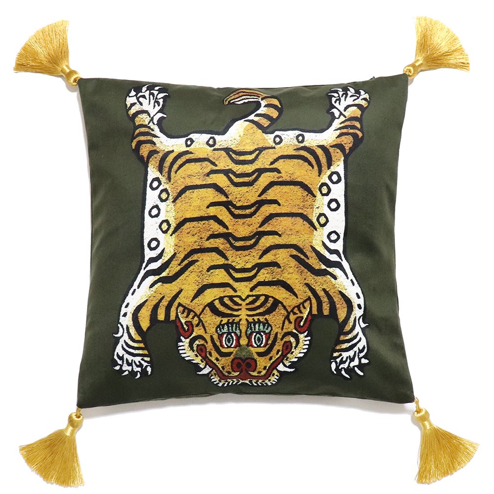 Tibetan Tiger Velvet Cushion Cover -Olive-｜ チベタンタイガークッションカバー - American  Classics