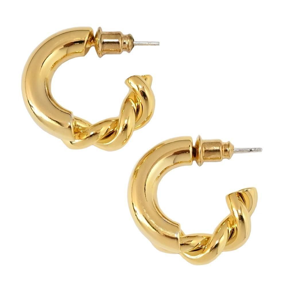 18K Gold-Plated Fat Plain/Half Twisted Rope Hoop Stud Earring -1 Pair-