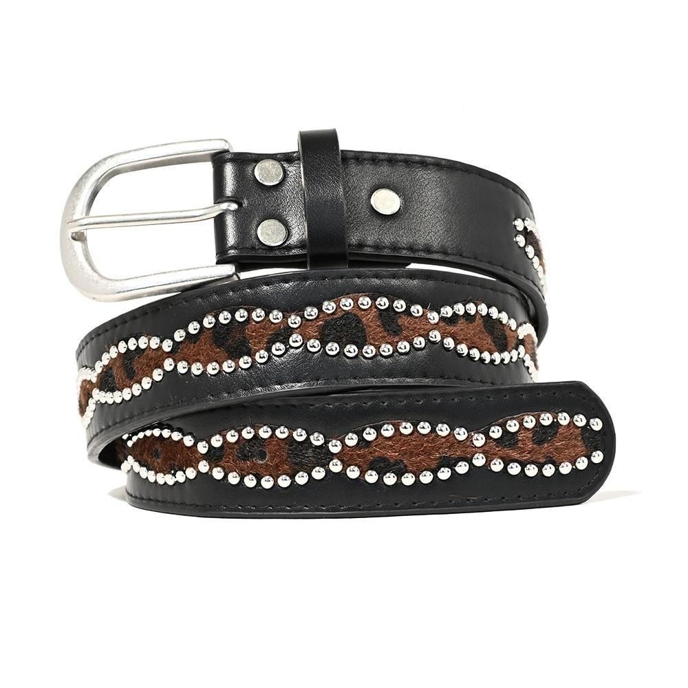 Cowhide Black Leather Brown Cow Pattern Studs Belt