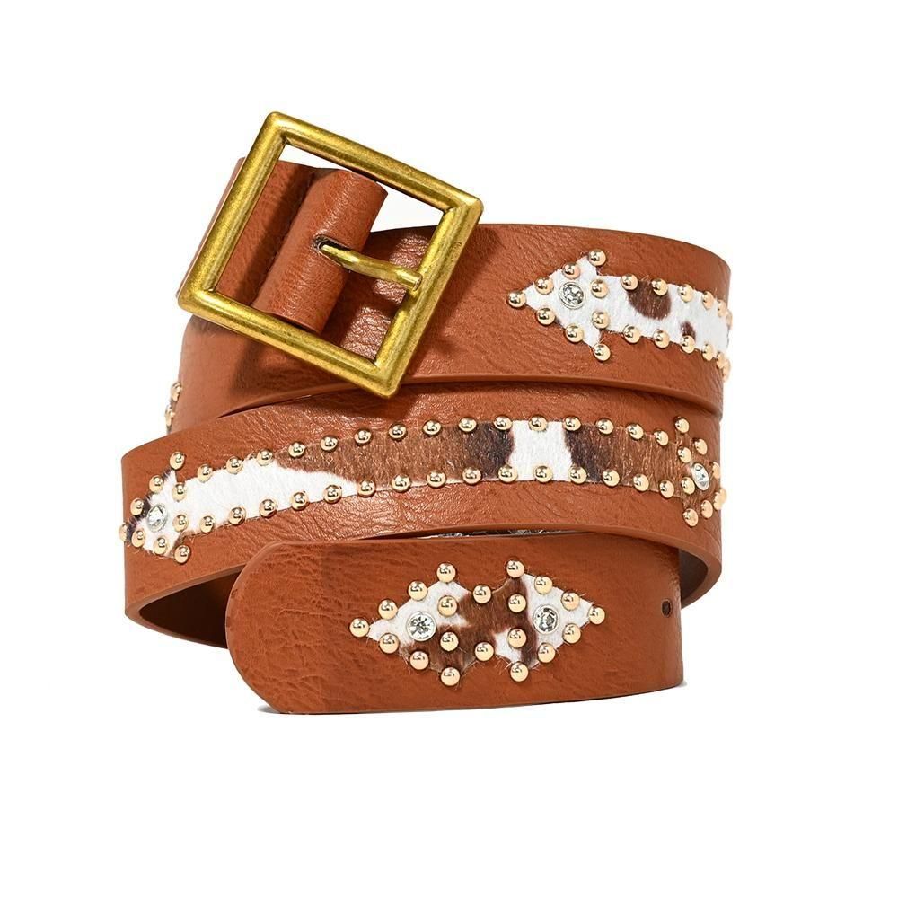 Cowhide Camel Leather Cow Pattern Studs Belt