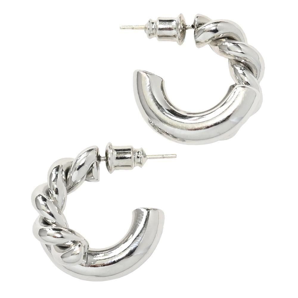 Silver Fat Plain/Half Twisted Rope Hoop Stud Earring -1 Pair-