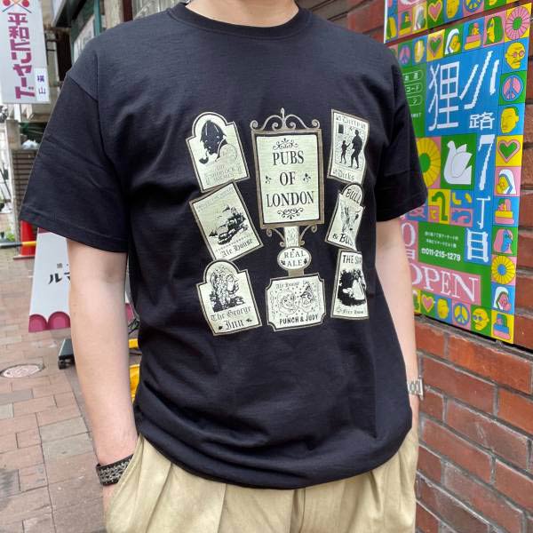 新品/英国製/PUBS OF LONDON/スーベニア/半袖Tシャツ/黒【L】コットン