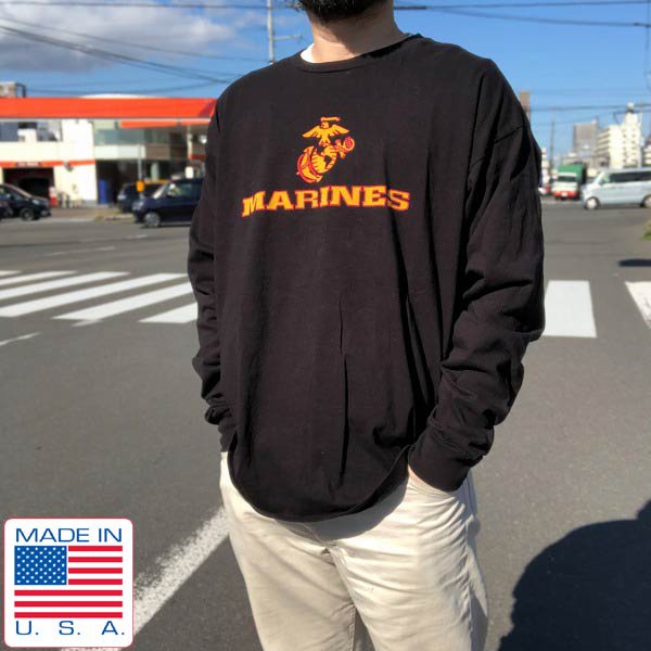 美品/USA製/BAYSIDE/米軍/USMC/海兵隊/長袖Tシャツ/黒【XL】ロゴ ...