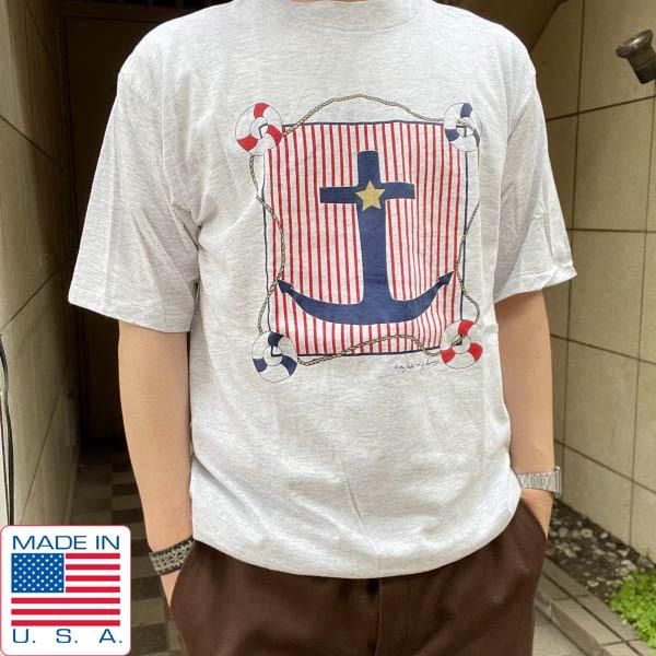 美品 90's USA製 All Sport 碇プリント 半袖Tシャツ 杢グレー系 L